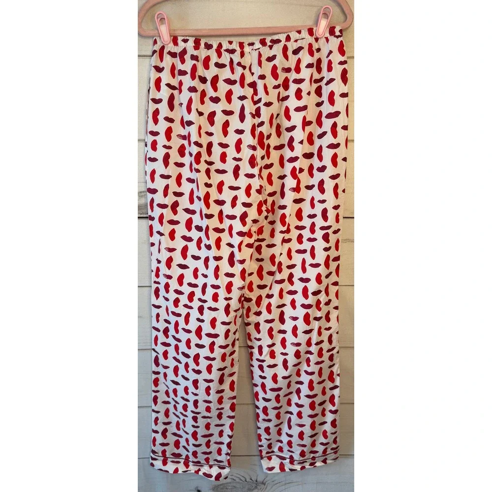 Tory Burch Red Burgundy Lip Print Cotton Pajama Pant M Valentine Kiss Sleepwear